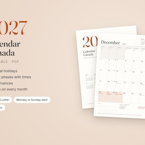 May include: A 2027 printable PDF calendar for Canada featuring official holidays, moon phases, observances, and notes. The document includes A4 and US Letter size options, Monday or Sunday start choices, and three color variations.