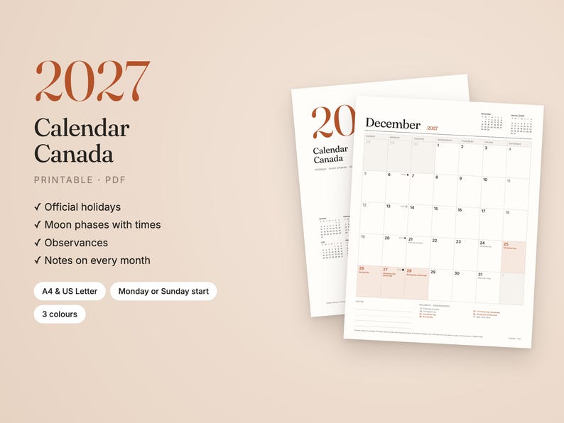 May include: A 2027 printable PDF calendar for Canada featuring official holidays, moon phases, observances, and notes. The document includes A4 and US Letter size options, Monday or Sunday start choices, and three color variations.