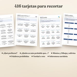 Pu&ograve; includere: Un set di 416 carte stampabili per giochi natalizi, composto da quattro fogli distinti con testo in spagnolo. Le carte includono categorie come 'Cosa preferisci?', 'Chi &egrave; pi&ugrave; probabile che?', 'Mimo natalizio' e 'Parole proibite' per attivit&agrave; festive.