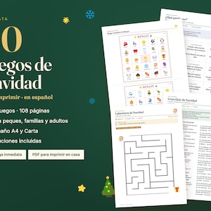 Pu&ograve; includere: Una raccolta digitale di 40 giochi natalizi stampabili in spagnolo, composta da 108 pagine di attivit&agrave; tra cui cartelle di bingo, labirinti e quiz. Il set &egrave; progettato per i formati A4 e Letter e include le soluzioni per tutti i giochi.