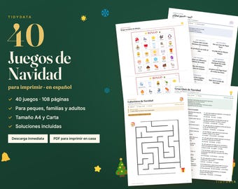 Könnte beinhalten: Eine digitale Sammlung von 40 druckbaren Weihnachtsspielen auf Spanisch, die 108 Seiten mit Aktivitäten wie Bingokarten, Labyrinthen und Quizfragen umfasst. Das Set ist für A4- und Letter-Formate ausgelegt und enthält alle Lösungen.