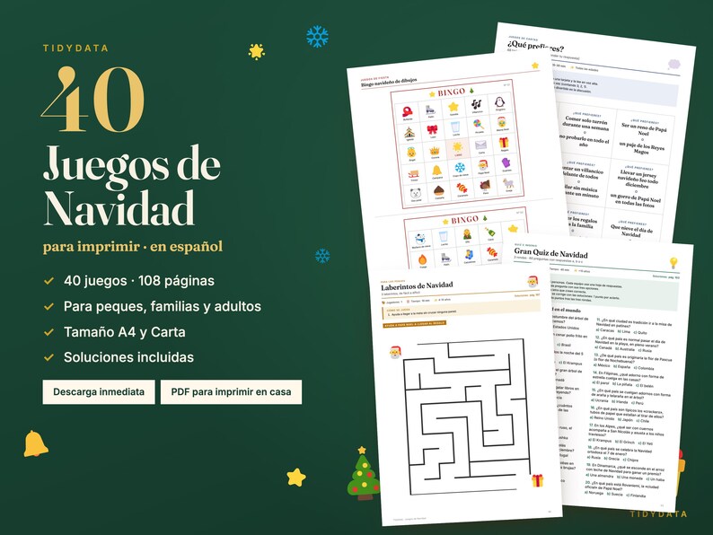 Pu&ograve; includere: Una raccolta digitale di 40 giochi natalizi stampabili in spagnolo, composta da 108 pagine di attivit&agrave; tra cui cartelle di bingo, labirinti e quiz. Il set &egrave; progettato per i formati A4 e Letter e include le soluzioni per tutti i giochi.