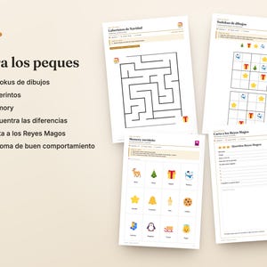 Pu&ograve; includere: Una raccolta di fogli di attivit&agrave; stampabili per bambini con enigmi a tema natalizio, tra cui un labirinto, sudoku illustrati, un gioco di memoria e un modello di lettera ai Re Magi, su uno sfondo color beige chiaro.