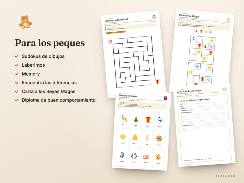 Pu&ograve; includere: Una raccolta di fogli di attivit&agrave; stampabili per bambini con enigmi a tema natalizio, tra cui un labirinto, sudoku illustrati, un gioco di memoria e un modello di lettera ai Re Magi, su uno sfondo color beige chiaro.