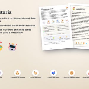 May include: A printable game sheet titled La storia featuring a narrative about a robot named Glitch locking the North Pole. The document includes instructions, icons for mission locations, and illustrations of Santa Claus and a robot.