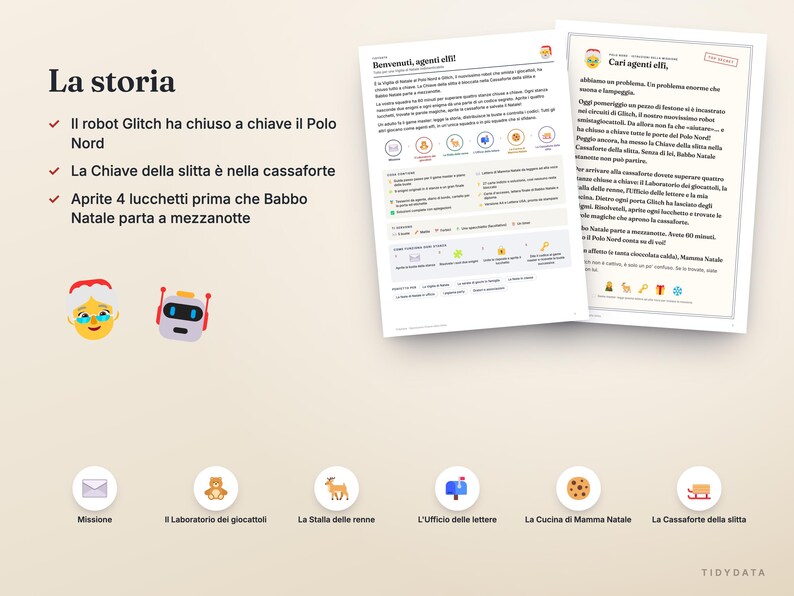 May include: A printable game sheet titled La storia featuring a narrative about a robot named Glitch locking the North Pole. The document includes instructions, icons for mission locations, and illustrations of Santa Claus and a robot.