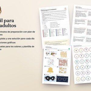 Op de afbeelding: Een set geprinte activiteitenbladen met een uil-icoon, de tekst 'F&aacute;cil para los adultos' en instructies voor een kalender. Bevat een lijst met dagelijkse aanwijzingen, oplossingen en een raster van vierentwintig genummerde ronde iconen met diverse symbolen.