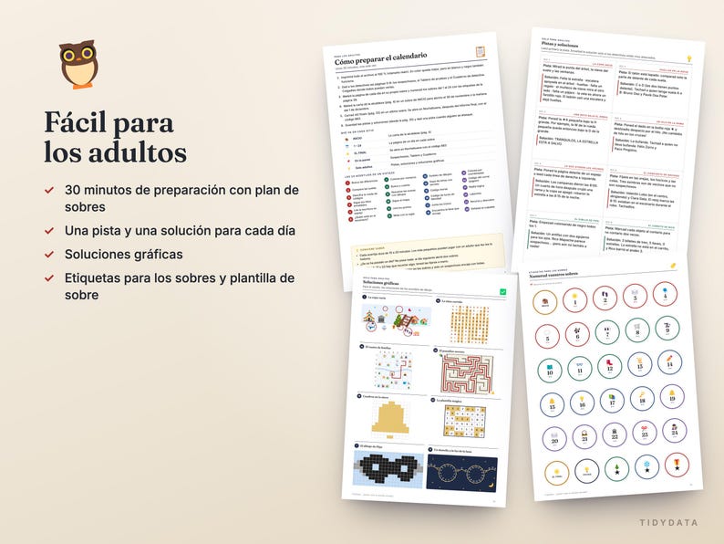 Op de afbeelding: Een set geprinte activiteitenbladen met een uil-icoon, de tekst 'F&aacute;cil para los adultos' en instructies voor een kalender. Bevat een lijst met dagelijkse aanwijzingen, oplossingen en een raster van vierentwintig genummerde ronde iconen met diverse symbolen.