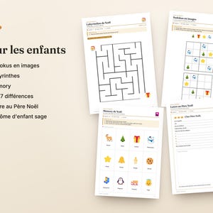 Peut inclure: Un ensemble de feuilles d'activit&eacute;s imprimables pour enfants comprenant des jeux sur le th&egrave;me de No&euml;l, dont un labyrinthe, des sudokus en images, un jeu de m&eacute;moire et un mod&egrave;le de lettre au P&egrave;re No&euml;l sur papier blanc.