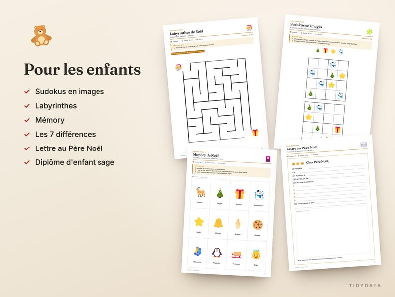 Peut inclure: Un ensemble de feuilles d'activit&eacute;s imprimables pour enfants comprenant des jeux sur le th&egrave;me de No&euml;l, dont un labyrinthe, des sudokus en images, un jeu de m&eacute;moire et un mod&egrave;le de lettre au P&egrave;re No&euml;l sur papier blanc.