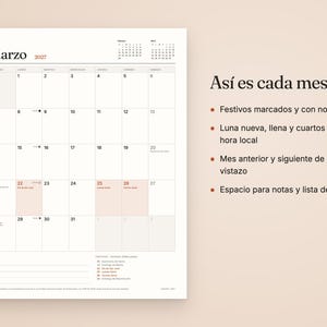 Peut inclure: Une page de calendrier mural pour mars 2027 avec une grille, des ic&ocirc;nes de phases lunaires et des jours f&eacute;ri&eacute;s marqu&eacute;s. &Agrave; droite, le texte en espagnol indique : As&iacute; es cada mes, Festivos marcados y con nombre, Luna nueva, llena y cuartos con la hora local, Mes anterior y siguiente de un vistazo, Espacio para notas y lista del mes.