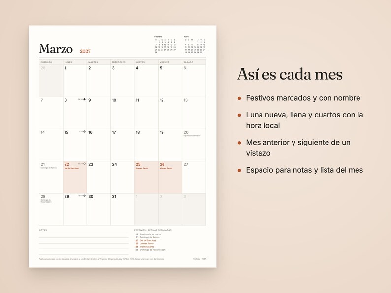 Peut inclure: Une page de calendrier mural pour mars 2027 avec une grille, des ic&ocirc;nes de phases lunaires et des jours f&eacute;ri&eacute;s marqu&eacute;s. &Agrave; droite, le texte en espagnol indique : As&iacute; es cada mes, Festivos marcados y con nombre, Luna nueva, llena y cuartos con la hora local, Mes anterior y siguiente de un vistazo, Espacio para notas y lista del mes.