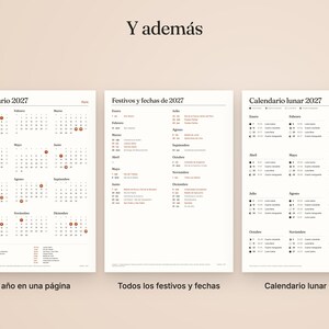Op de afbeelding: Drie witte pagina's met de kalender voor 2027, feestdagen en maanfasen. De eerste pagina toont het volledige jaar met gemarkeerde data. De tweede pagina bevat een lijst met feestdagen en data. De derde pagina toont maanfasen. Tekst bevat Y adem&aacute;s, Calendario 2027, Festivos y fechas de 2027 en Calendario lunar 2027.