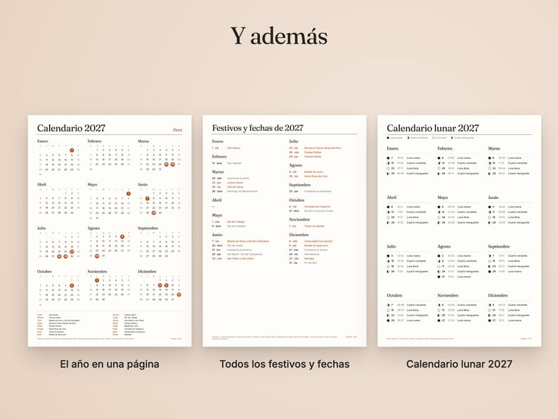Op de afbeelding: Drie witte pagina's met de kalender voor 2027, feestdagen en maanfasen. De eerste pagina toont het volledige jaar met gemarkeerde data. De tweede pagina bevat een lijst met feestdagen en data. De derde pagina toont maanfasen. Tekst bevat Y adem&aacute;s, Calendario 2027, Festivos y fechas de 2027 en Calendario lunar 2027.