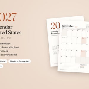 Op de afbeelding: Een 2027 kalender voor de Verenigde Staten als printbaar PDF met offici&euml;le feestdagen, maanfasen, vieringen en maandelijkse notities. Bevat A4- en US Letter-formaten, start op maandag of zondag en drie kleurvariaties.