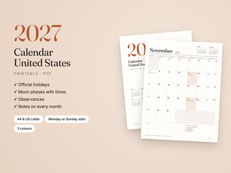Op de afbeelding: Een 2027 kalender voor de Verenigde Staten als printbaar PDF met offici&euml;le feestdagen, maanfasen, vieringen en maandelijkse notities. Bevat A4- en US Letter-formaten, start op maandag of zondag en drie kleurvariaties.