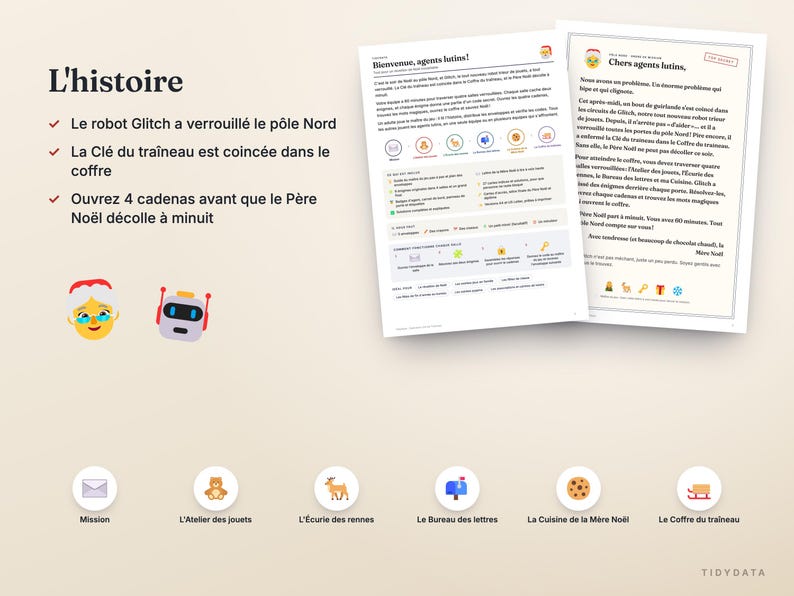 May include: A printable game sheet titled L'histoire featuring a narrative about a robot named Glitch locking the North Pole. The document includes instructions, icons of a reindeer and cookie, and a list of tasks to unlock the sleigh key.
