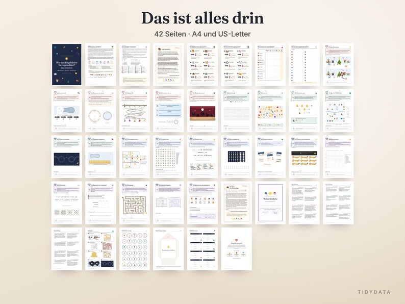 Puede incluir: Una colecci&oacute;n de 42 p&aacute;ginas imprimibles en formatos A4 y US-Letter, que incluyen varias hojas de actividades, gr&aacute;ficos y hojas de trabajo con texto en alem&aacute;n, incluido el t&iacute;tulo Das ist alles drin, en una cuadr&iacute;cula.