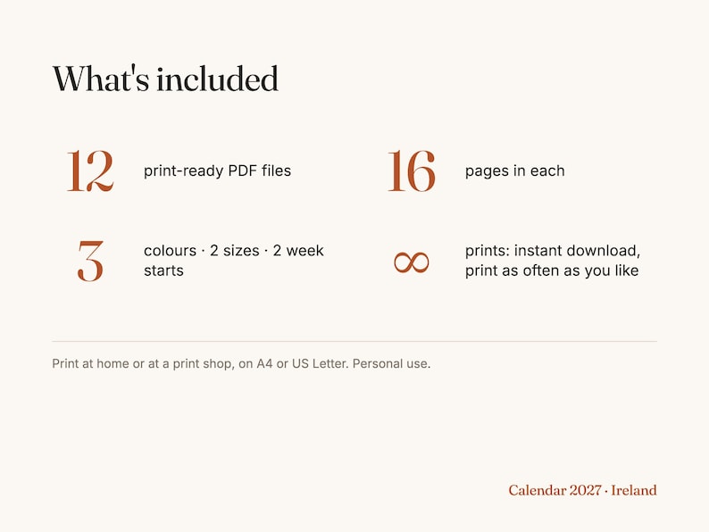 2027 Utskrivbar kalender Irland med helgdagar och månfaser · PDF A4 + US Letter · Måndag eller söndagsstart · Månadsvis, Årsvis bild 5