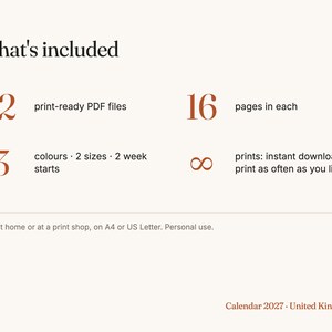 Może przedstawiać: Cyfrowa infografika zatytułowana What's included dla kalendarza 2027 na Wielką Brytanię. Zawiera 12 plik&oacute;w PDF gotowych do druku, po 16 stron każdy, 3 kolory, 2 rozmiary, 2 początki tygodnia i nieskończoną liczbę wydruk&oacute;w. Informacja o druku na formacie A4.