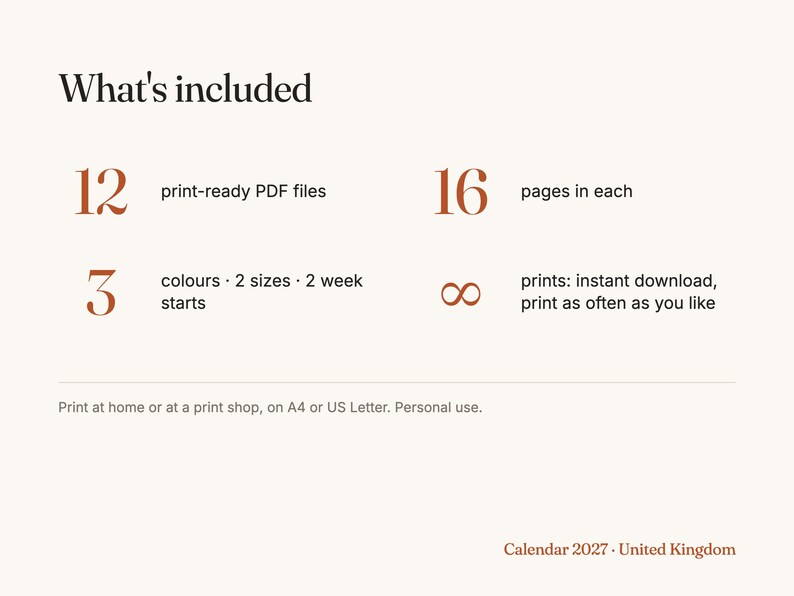 Może przedstawiać: Cyfrowa infografika zatytułowana What's included dla kalendarza 2027 na Wielką Brytanię. Zawiera 12 plik&oacute;w PDF gotowych do druku, po 16 stron każdy, 3 kolory, 2 rozmiary, 2 początki tygodnia i nieskończoną liczbę wydruk&oacute;w. Informacja o druku na formacie A4.