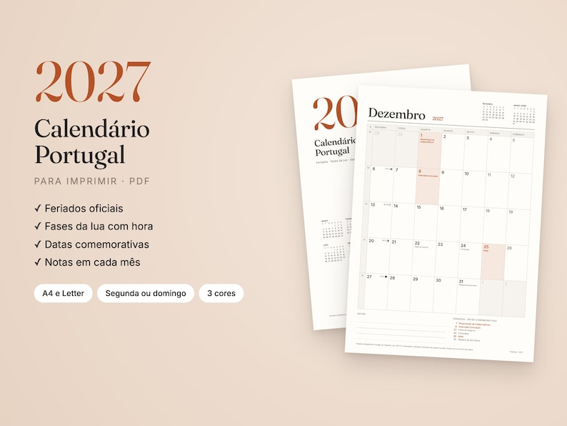 May include: A 2027 printable calendar for Portugal featuring a monthly grid layout. The text includes 2027, Calend&aacute;rio Portugal, Para Imprimir - PDF, Feriados oficiais, Fases da lua com hora, Datas comemorativas, Notas em cada m&ecirc;s, A4 e Letter, Segunda ou domingo, 3 cores, and Dezembro.