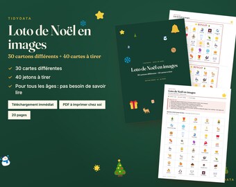 Französisches Weihnachtsbingo zum Ausdrucken · Loto de Noël · 30 Bildbingokarten auf Französisch für Kinder, Familien und den Französischunterricht (PDF)