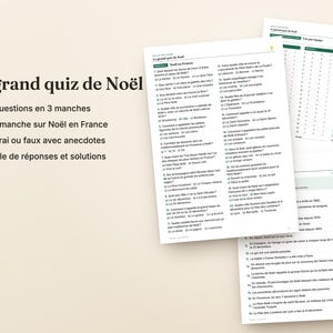 Peut inclure: Un jeu de quiz de No&euml;l compos&eacute; de feuilles de papier imprim&eacute;es avec des questions et des r&eacute;ponses. Le texte indique Le grand quiz de No&euml;l, 60 questions en 3 manches, Une manche sur No&euml;l en France, 40 vrai ou faux avec anecdotes et Feuille de r&eacute;ponses et solutions.