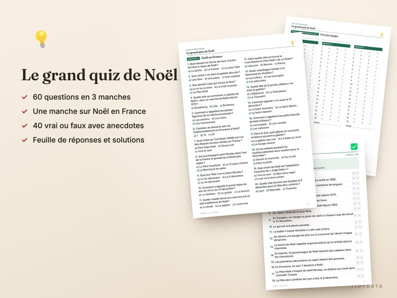 Peut inclure: Un jeu de quiz de No&euml;l compos&eacute; de feuilles de papier imprim&eacute;es avec des questions et des r&eacute;ponses. Le texte indique Le grand quiz de No&euml;l, 60 questions en 3 manches, Une manche sur No&euml;l en France, 40 vrai ou faux avec anecdotes et Feuille de r&eacute;ponses et solutions.