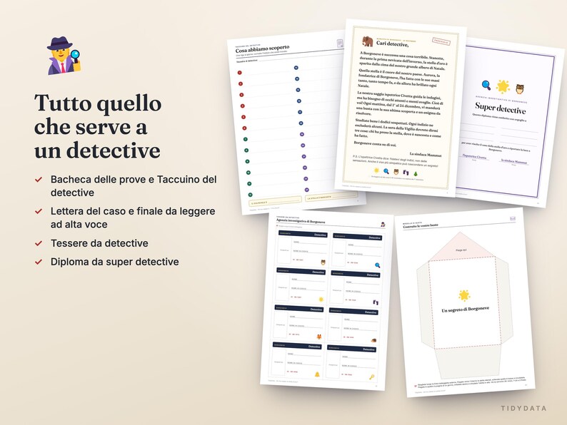 May include: A set of printed detective-themed activity sheets featuring a list titled Tutto quello che serve a un detective, evidence logs, a case letter, detective badges, and a super detective diploma with various icons and text.