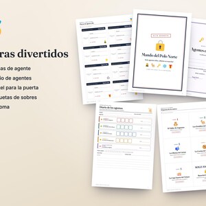 May include: A collection of printable documents titled Extras divertidos, featuring agent badges, a diary, door signs, envelope labels, and a diploma. The pages include text such as Mando del Polo Norte, Agentes elfos oficiales, and Diario de los agentes.