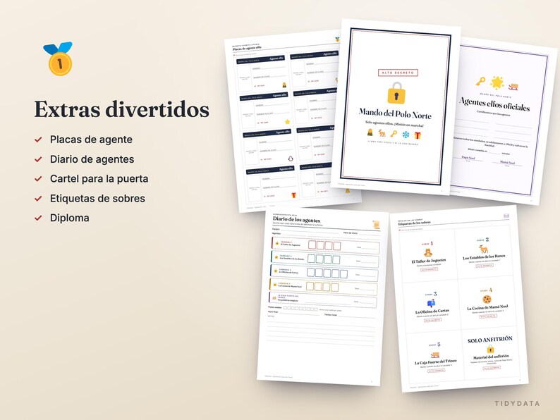 May include: A collection of printable documents titled Extras divertidos, featuring agent badges, a diary, door signs, envelope labels, and a diploma. The pages include text such as Mando del Polo Norte, Agentes elfos oficiales, and Diario de los agentes.