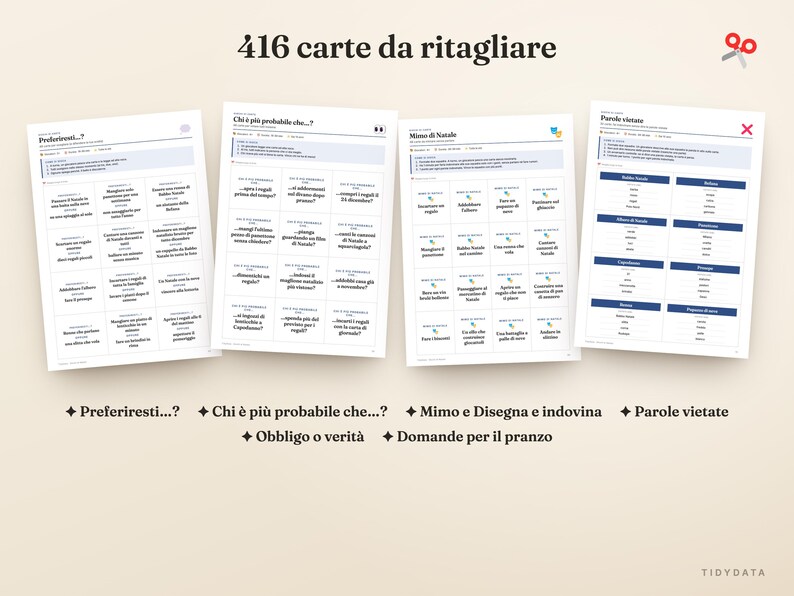 Op de afbeelding: Vier printbare vellen getiteld 416 carte da ritagliare met spelkaarten met Italiaanse tekst. De vellen bevatten secties voor Preferiresti, Chi &egrave; pi&ugrave; probabile che, Mimo di Natale en Parole vietate met diverse prompts en lijsten.