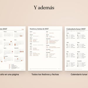 K&ouml;nnte beinhalten: Drei wei&szlig;e Seiten mit einem Kalender f&uuml;r 2027, einer Liste der Feiertage und Daten f&uuml;r 2027 sowie einem Mondkalender f&uuml;r 2027. Der Text ist auf Spanisch, mit den &Uuml;berschriften Y adem&aacute;s, Calendario 2027, Festivos y fechas de 2027 und Calendario lunar 2027.