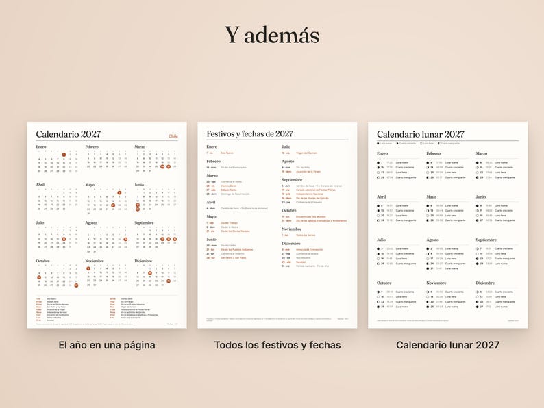 K&ouml;nnte beinhalten: Drei wei&szlig;e Seiten mit einem Kalender f&uuml;r 2027, einer Liste der Feiertage und Daten f&uuml;r 2027 sowie einem Mondkalender f&uuml;r 2027. Der Text ist auf Spanisch, mit den &Uuml;berschriften Y adem&aacute;s, Calendario 2027, Festivos y fechas de 2027 und Calendario lunar 2027.