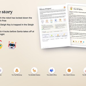 Op de afbeelding: Een printbare spelset getiteld Welcome, Elf Agents! met een verhaal over de robot Glitch die de Noordpool vergrendelt. Bevat instructies, een brief van Mrs. Claus en ronde iconen voor Mission, Toy Workshop, Reindeer Stables, Letters Office, Mrs. Claus's Kitchen en Sleigh Safe.
