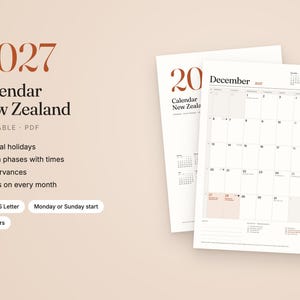 Puede incluir: Un calendario 2027 para Nueva Zelanda en formato PDF imprimible que incluye d&iacute;as festivos, fases lunares, celebraciones y notas mensuales. Disponible en tama&ntilde;os A4 y US Letter, con opci&oacute;n de inicio semanal y tres colores.