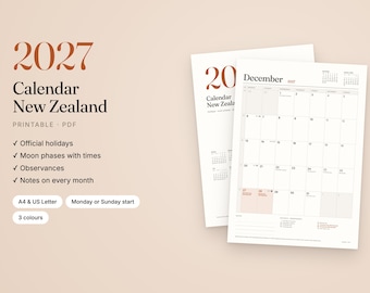 Könnte beinhalten: Ein druckbarer 2027 Kalender für Neuseeland als PDF mit offiziellen Feiertagen, Mondphasen, Gedenktagen und monatlichen Notizen. Verfügbar in A4 und US Letter, mit wählbarem Wochenstart und drei verschiedenen Farbvarianten.