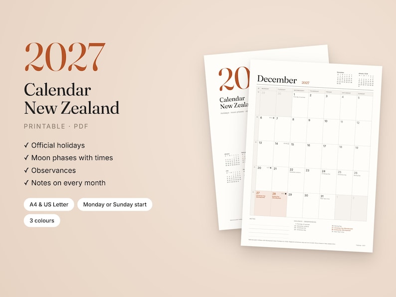 Puede incluir: Un calendario 2027 para Nueva Zelanda en formato PDF imprimible que incluye d&iacute;as festivos, fases lunares, celebraciones y notas mensuales. Disponible en tama&ntilde;os A4 y US Letter, con opci&oacute;n de inicio semanal y tres colores.