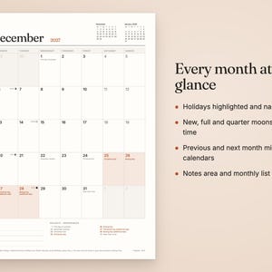 May include: A December 2027 wall calendar page with a grid layout, featuring mini calendars for November and January, moon phase icons, and a list of holidays. Text on the right reads: Every month at a glance, Holidays highlighted and named, New, full and quarter moons in local time, Previous and next month mini calendars, Notes area and monthly list.