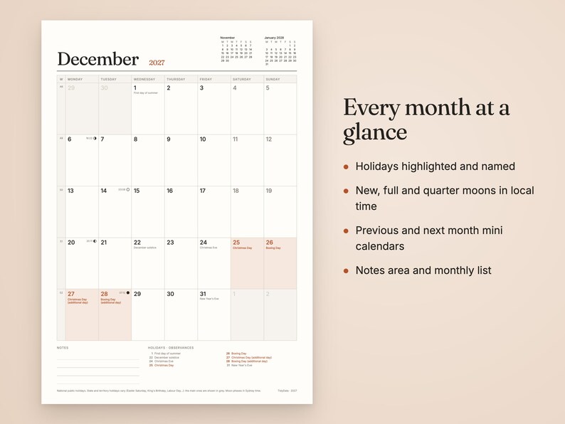 May include: A December 2027 wall calendar page with a grid layout, featuring mini calendars for November and January, moon phase icons, and a list of holidays. Text on the right reads: Every month at a glance, Holidays highlighted and named, New, full and quarter moons in local time, Previous and next month mini calendars, Notes area and monthly list.