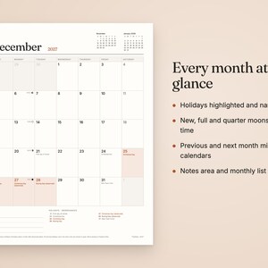 May include: A December 2027 wall calendar page featuring a grid layout with numbered days, moon phase icons, and holiday notations. To the right, text reads: Every month at a glance, Holidays highlighted and named, New, full and quarter moons in local time, Previous and next month mini calendars, Notes area and monthly list.