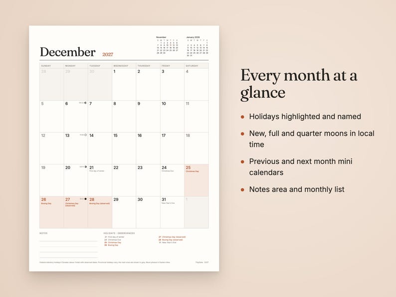 May include: A December 2027 wall calendar page featuring a grid layout with numbered days, moon phase icons, and holiday notations. To the right, text reads: Every month at a glance, Holidays highlighted and named, New, full and quarter moons in local time, Previous and next month mini calendars, Notes area and monthly list.