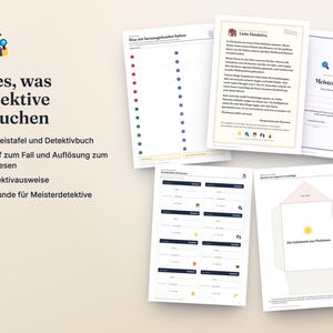 Puede incluir: Un conjunto de hojas de actividades imprimibles con tem&aacute;tica de detectives que incluye un expediente de caso, registro de pruebas, insignias y un certificado de maestro detective. Los documentos presentan texto en alem&aacute;n e iconos coloridos.