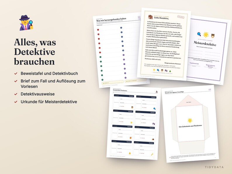 Puede incluir: Un conjunto de hojas de actividades imprimibles con tem&aacute;tica de detectives que incluye un expediente de caso, registro de pruebas, insignias y un certificado de maestro detective. Los documentos presentan texto en alem&aacute;n e iconos coloridos.