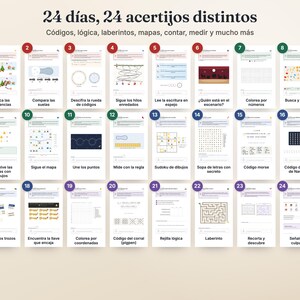 May include: A collection of 24 activity sheets titled 24 d&iacute;as, 24 acertijos distintos, featuring various logic puzzles, mazes, counting tasks, and codes. Each sheet is numbered 1 through 24, displaying distinct educational challenges.