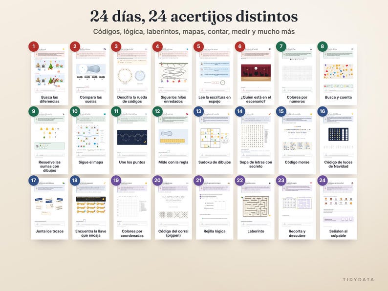 May include: A collection of 24 activity sheets titled 24 d&iacute;as, 24 acertijos distintos, featuring various logic puzzles, mazes, counting tasks, and codes. Each sheet is numbered 1 through 24, displaying distinct educational challenges.