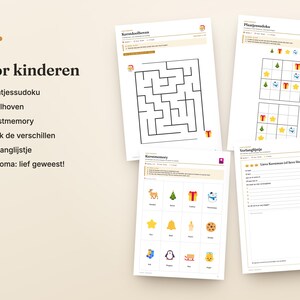 May include: A set of printable activity sheets for children featuring a maze, a picture sudoku puzzle, a memory game with Christmas icons, and a wish list template. The text includes Voor kinderen, Plaatjessudoku, Doolhoven, Kerstmemory, Zoek de verschillen, Verlanglijstje, and Diploma: lief geweest.