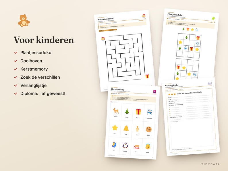 May include: A set of printable activity sheets for children featuring a maze, a picture sudoku puzzle, a memory game with Christmas icons, and a wish list template. The text includes Voor kinderen, Plaatjessudoku, Doolhoven, Kerstmemory, Zoek de verschillen, Verlanglijstje, and Diploma: lief geweest.