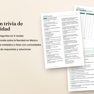 May include: A Christmas trivia game set featuring printed question sheets and answer keys. The text includes 'Gran trivia de Navidad', '60 preguntas en 3 rondas', 'Una ronda sobre la Navidad en M&eacute;xico', '40 de verdadero o falso con curiosidades', and 'Hoja de respuestas y soluciones'.